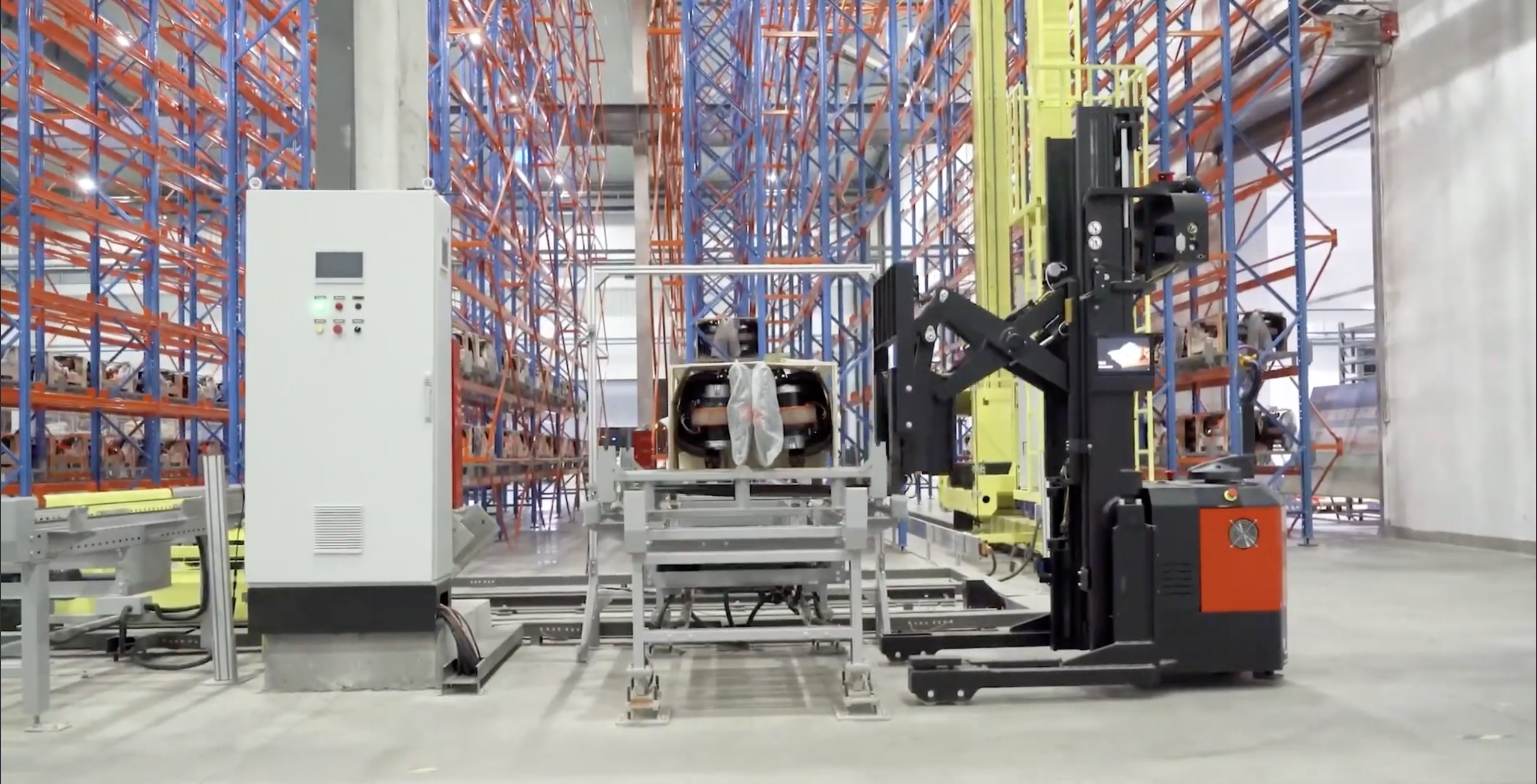 Fleet of autonomous pallet jacks in warehouse aisle